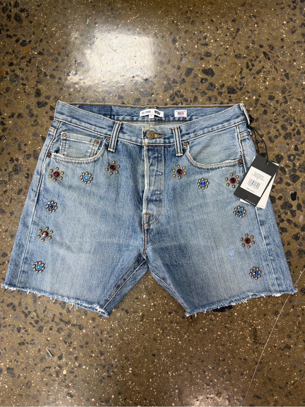 Re/Done Light Blue Denim Jean Shorts with Red and Blue Studs